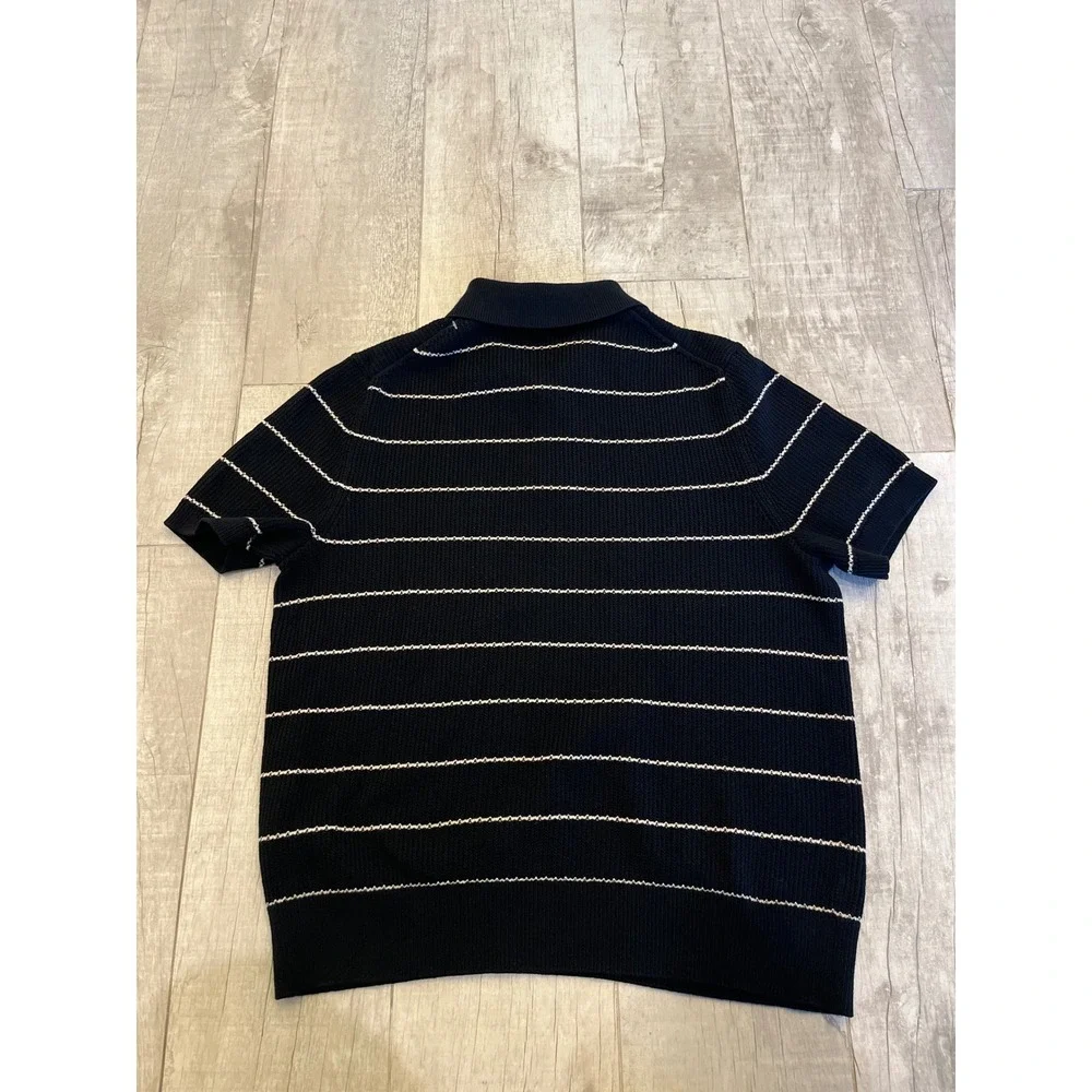 Banana Republic Mens Knit Polo Shirt Black White Striped Short Sleeve Large L‎